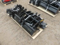 (9) Unused 2024 MIVA Excavator Attachments: Quick Hitch, Rake, Ripper, Graber, Auger, 12" Auger Rod, 8" Bkt., 20" Bkt., 32" Bkt., 6 Pins