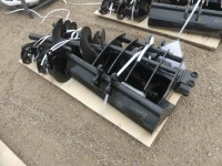 (9) Unused 2024 MIVA Excavator Attachments: Quick Hitch, Rake, Ripper, Graber, Auger, 12" Auger Rod, 8" Bkt., 20" Bkt., 32" Bkt., 6 Pins