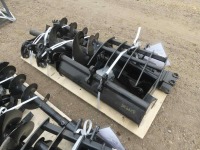 (9) Unused 2024 MIVA Excavator Attachments: Quick Hitch, Rake, Ripper, Graber, Auger, 12" Auger Rod, 8" Bkt., 20" Bkt., 32" Bkt., 6 Pins