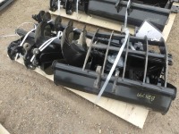 (9) Unused 2024 MIVA Excavator Attachments: Quick Hitch, Rake, Ripper, Graber, Auger, 12" Auger Rod, 8" Bkt., 20" Bkt., 32" Bkt., 6 Pins