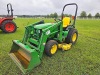 John Deere 4100 Tractor, s/n LV4100H314973: Rollbar, JD410 Loader w/ Bkt., Belly Mower, Drawbar, PTO, 3PH, 1017 hrs