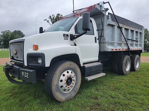 2005 Chevy C8500 Tandem-axle Dump Truck, s/n 1GBT8C4375F528879: Duramax Eng., Alluson Auto, Air Brakes, Hendrickson Susp., 171" WB, 14K Front, 40K Rears, Diff Lock, Alum. Disc Wheels, 14' Steel Dump Body, Spreader Apron, Tarp, Air Gate, 198K mi.