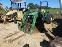 John Deere 5205 Tractor, s/n LV5205C320240 (Salvage): Rollbar, Sync Reverser, JD 521 Loader w/ Forks, 3PH, PTO, Drawbar, Turf Tires, Need Injection Pump