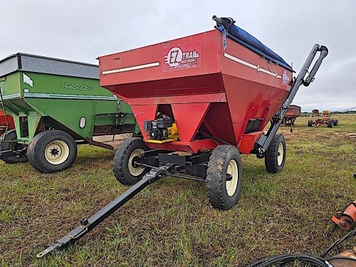 EZ Trail Grain Wagon: Roll Over Canopy, Left Side Dump, 8hp Auger Motor, Red w/ Black Running Gear