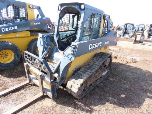 John Deere 323E Skid Steer, s/n 26513: Canopy, Rubber Tracks, Forks, 4428 hrs