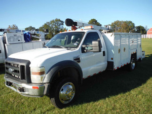2008 Ford F550 Mechanic Truck, s/n 1FDAF56R18EB01631: 6.4L Diesel, Auto, 13' Bed, Maintainer 6000 lb. Crane, Hyd. Air Compressor, Wire Remote, Hyd. Outriggers, Odometer Shows 116K mi.