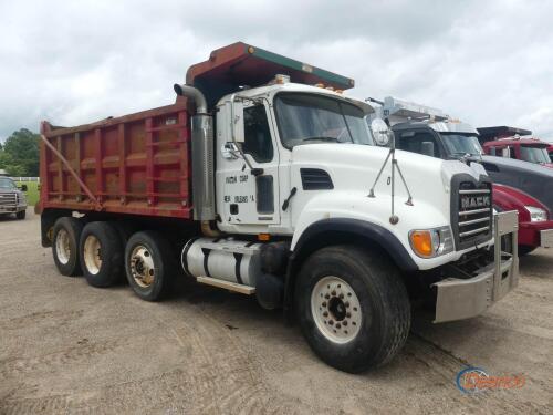 2006 Mack Granite CV713 Tri-axle Dump Truck, s/n 1M2AG11C26M032931: Maxitorque ES T310M/MLR 10-sp., Multi Reverse, Spring Susp., 425/65R22.5 Fronts, 11R24.5 Rears, Air Lift 3rd Axle w/ 295/75R22.5 Tires, Ox Bodies 16' Bed, Odometer Shows 418K mi.