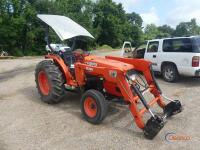 Kubota MX5000F Tractor, s/n 11362: 2wd, Bush Hog M300 Loader, 3PH, PTO, Drawbar, Runs but has Damage from Fallen Tree, Meter Shows 346 hrs