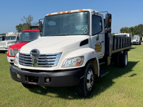 2007 Hino Flatbed Dump Truck, s/n 5PVNJ8JT472S50849 S/A, Hino Diesel Eng., 6-sp., Air Brakes, 16FT Hyd. Dump Bed, 22 IN Stake Sides, 11R22.5 Tires, 287K mi.