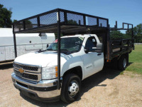 2014 Chevy 3500HD Flatbed Truck, s/n 1GB3CZCGXEF144083: Vortec 6.0L Eng., Auto, 12' Flatbed w/ Sides, Pipe Rack, Dual Rear Wheels, Odometer Shows 255K mi.