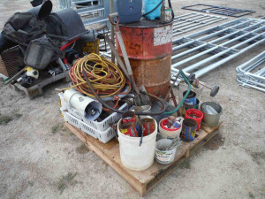 Pallet containing Misc. Items including Nuts, Bolts, 55-gal Oil Drum w/ Manual Pump, Tools, etc.