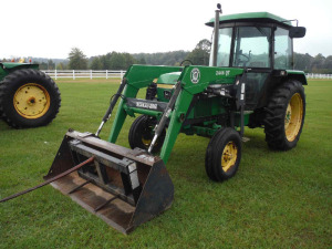 John Deere 2040S Tractor: 2wd, Encl. Cab, Bushhog 2446 QT Loader w/ Bkt. & Hay Spear, 3PH, PTO, Hyd Remote, Drawbar, Meter Shows 4145 hrs