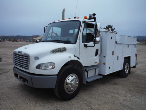 2010 Freightliner M2-106 Service Truck, s/n 1FVACWDT7ADAS2436: Cummins Eng., Auto, 6000 Series Maintainer Crane w/ Wired Remote, Ingersoll Rand Air Compressor, 3 Hose Reels, Covered Bed, Outriggers, Odometer Shows 68K mi.
