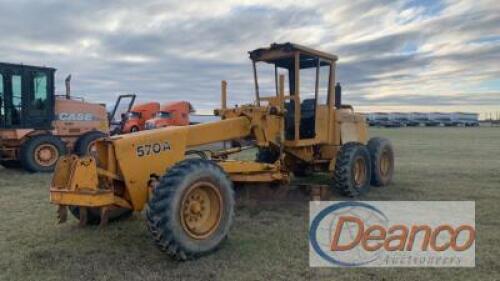 John Deere 570A Motor Grader, s/n 507477: Canopy, 12' Moldboard, Front Scarifier, 13.00-24 Tires