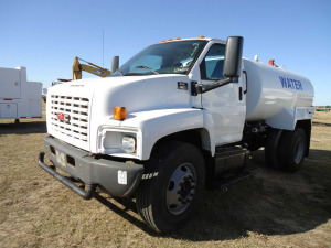 2005 GMC 6500 Water Truck, s/n 1GDJ6C1C85F508746: S/A, Cat Diesel, 6-sp., Ledwell 2000-gal Tank, PTO, Front/Side/Rear Discharge, 62K mi., ID 42790