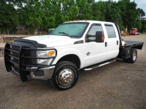 2015 Ford F350 4WD Flatbed Truck, s/n 1FD8W3HT3FEA14287: 6.7L Diesel, 9' Flatbed, Crew Cab, Aux. Fuel Tank w/ Pump, Odometer Shows 188K mi.