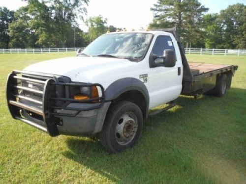 2005 Ford F550XL Flatbed Truck, s/n 1FDAF56Y45EB79243: Gas, Winch, Tail Roller, Odometer Shows 180K mi.