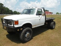 1990 Ford F350 4WD Flatbed Truck, s/n 1FDKF38M4LNB06180: 7.3L Diesel, 5-sp., Reg. Cab, B&W Gooseneck Hitch, New Springs & Shocks, New Clutch, New Tires, Dual Fuel Tanks, Odometer Shows 106K mi.