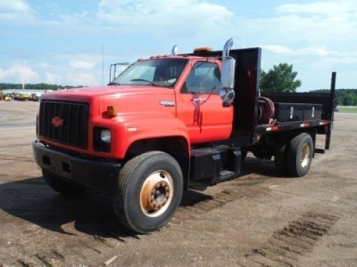 1993 Chevy Kodiak Flatbed Truck, s/n 1G8M7H1P8PJ101464: Gas Eng., 5-sp., S/A, Air Compressor, Elec. Lift Gate, Side Tool Boxes, 2 Air Hoses & Reels