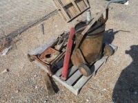 Pallet containing Transmission Jack, Leaf Blower, Grease Barrel